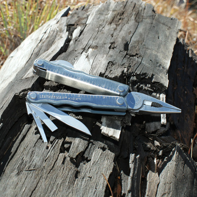 LEATHERMAN® Kick® Multi Tool - This multi-purpose tool is strong, yet narrow and lightweight, so it is perfect for large or small jobs. Tool includes needlenose and regular pliers, screwdrivers, bottle and can openers, wire cutters and more. Features comfort grip stainless steel handles and comes with a protective case. 